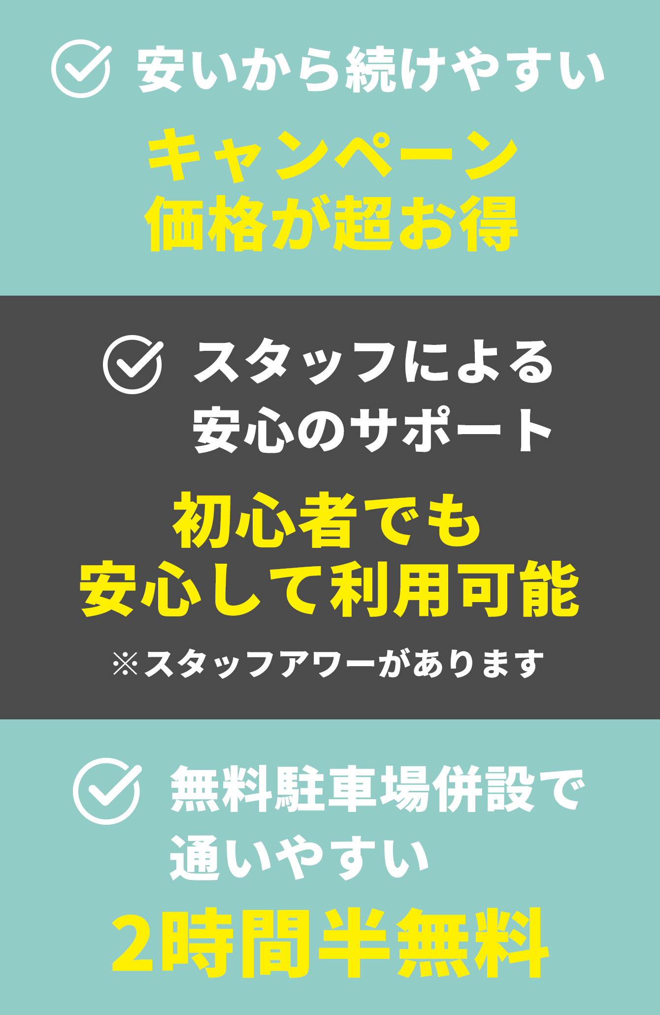 安いから続けやすい グランドオープン価格が超お得 スタッフによる安心のサポート 初心者でも安心して利用可能 ※スタッフアワーがあります 無料駐車場併設で通いやすい 2時間半無料